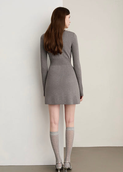 ビジューネックリブニットミニワンピース
