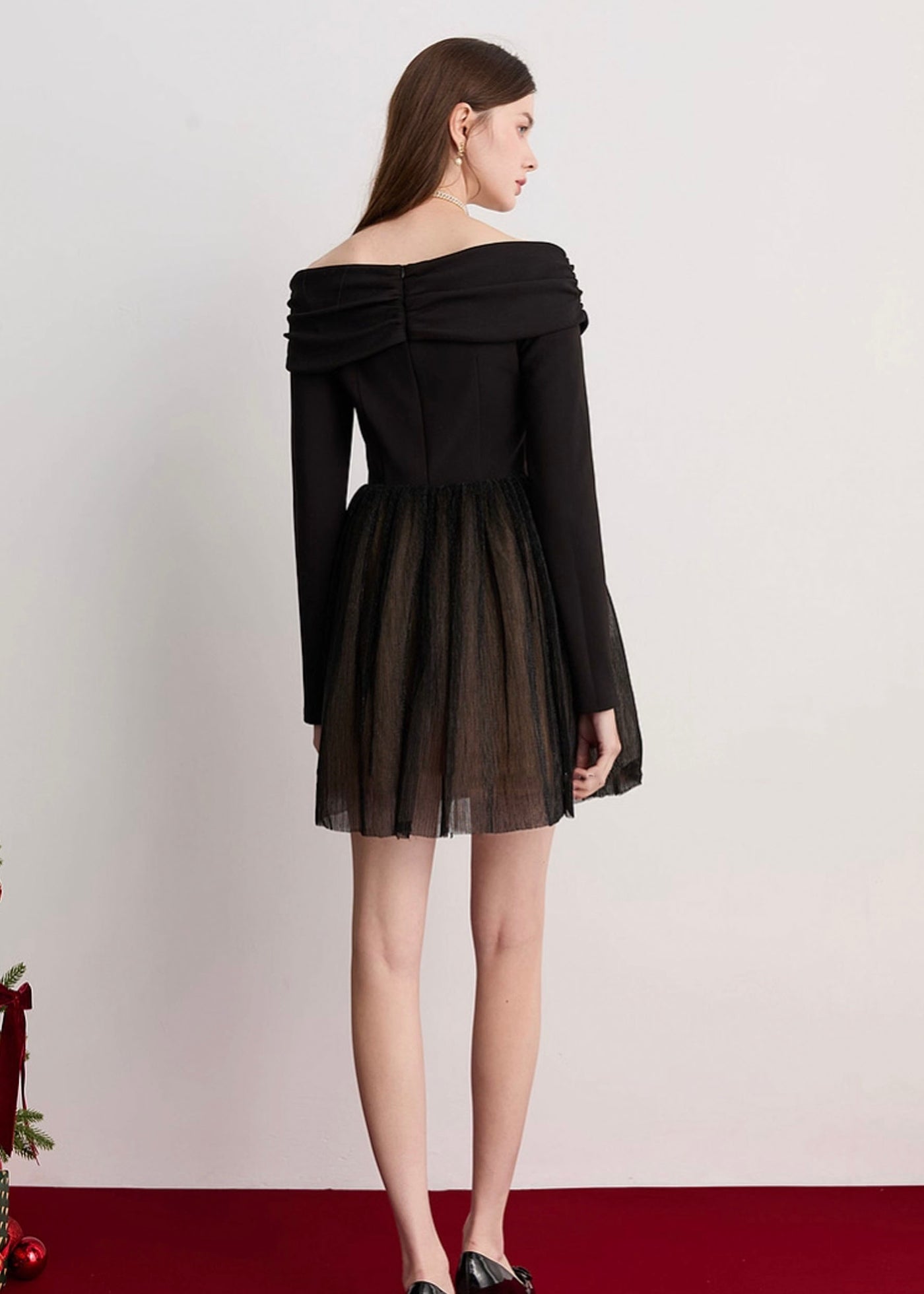 オフショルダーベロアシフォンドッキングドレス