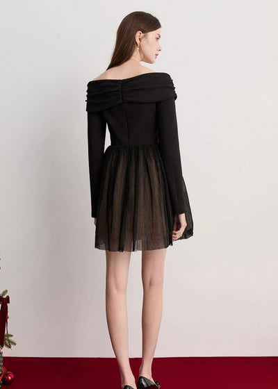 オフショルダーベロアシフォンドッキングドレス