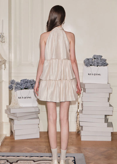 ボウタイリボンサテンティアードミニドレス