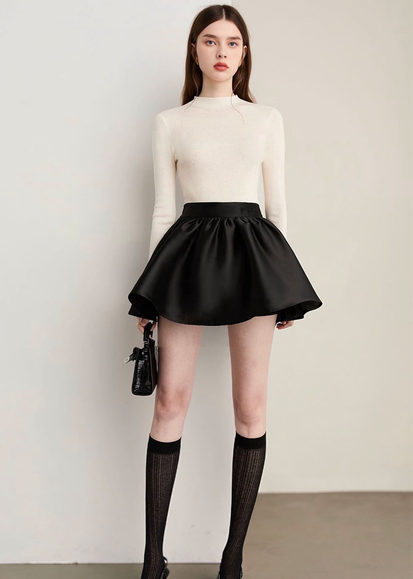 サテンハイウエストフレアミニスカート