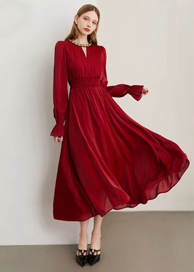 ビジューネックフィットフレアロングドレス