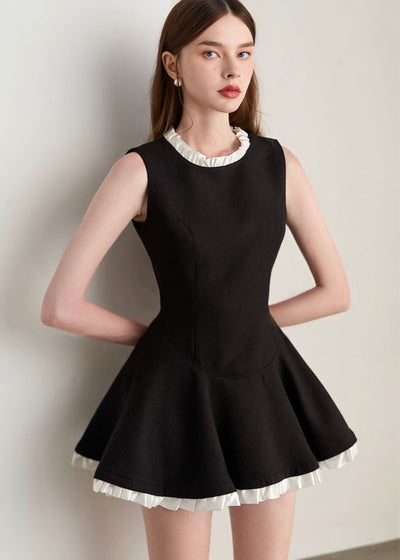 スタンドフリルカラーミニドレス