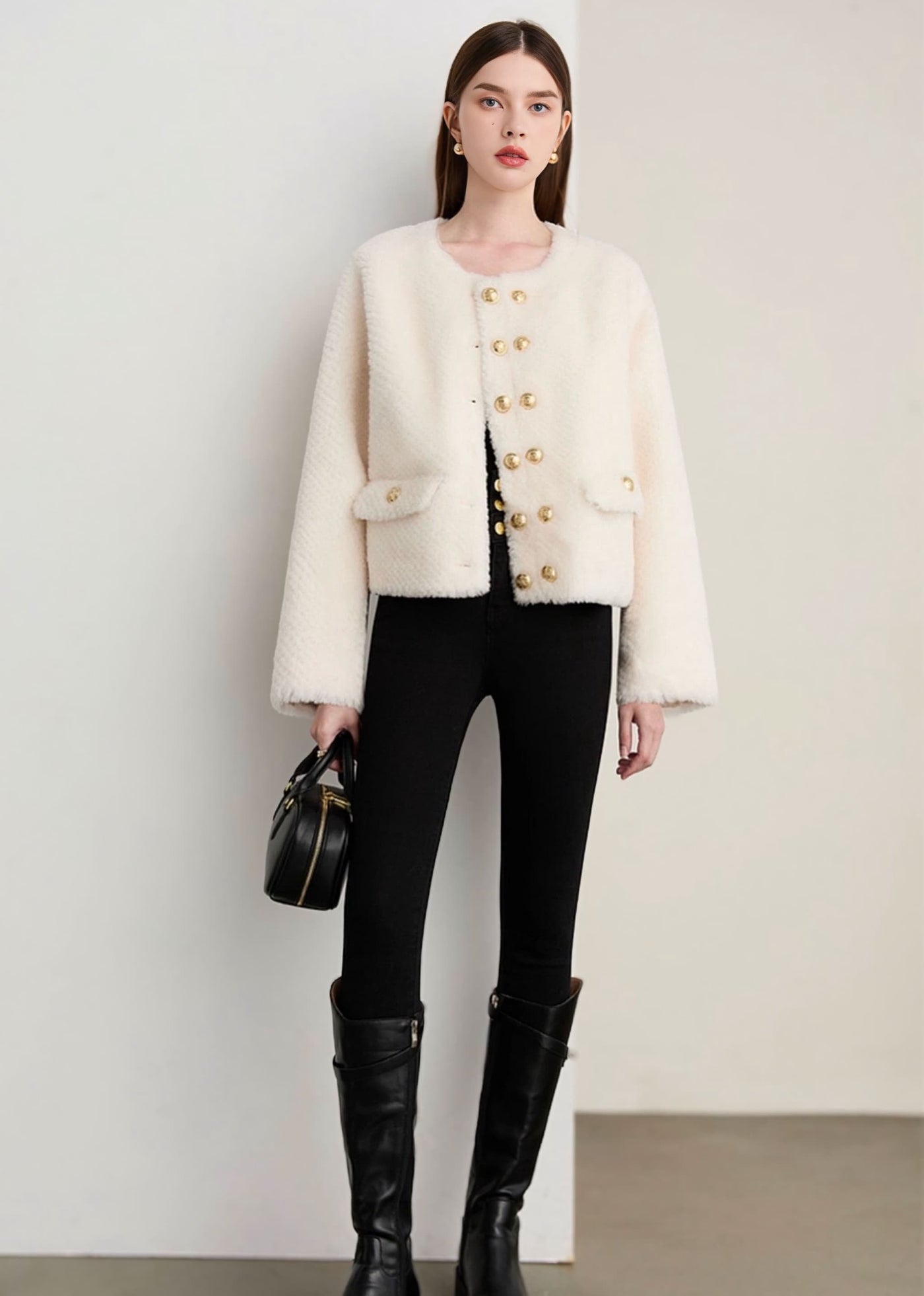 ダブルブレストノーカラーファージャケット