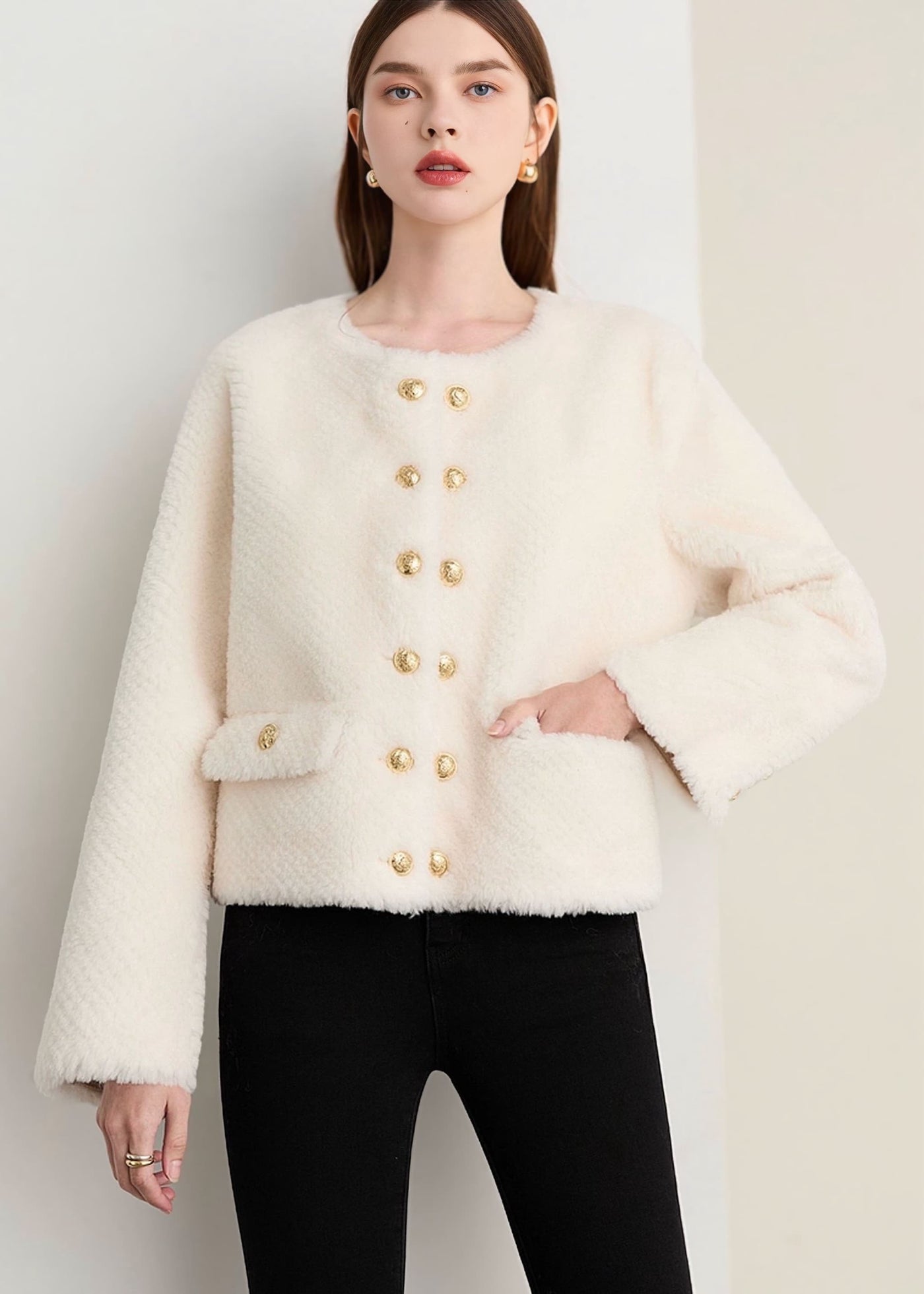 ダブルブレストノーカラーファージャケット