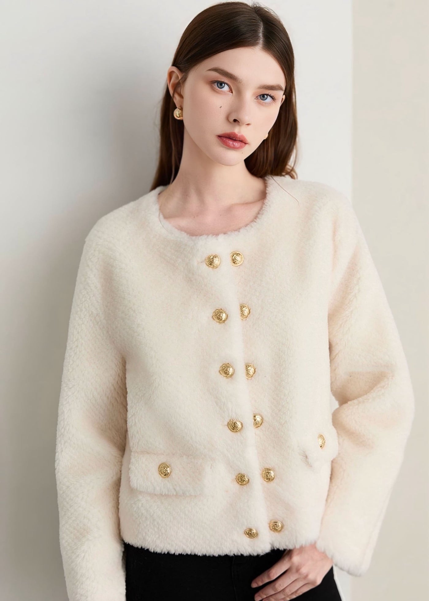 ダブルブレストノーカラーファージャケット