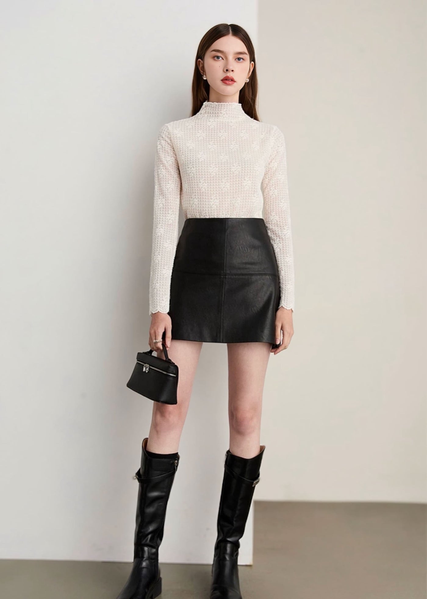 セミタートルネックチェックレースシアートップス