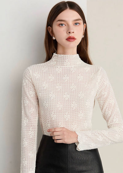 セミタートルネックチェックレースシアートップス