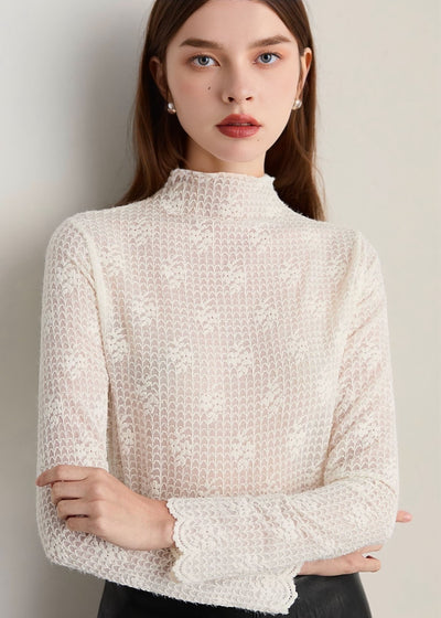 セミタートルネックチェックレースシアートップス