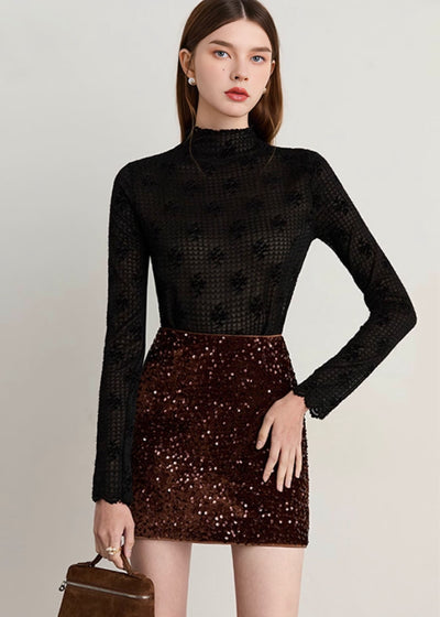 セミタートルネックチェックレースシアートップス