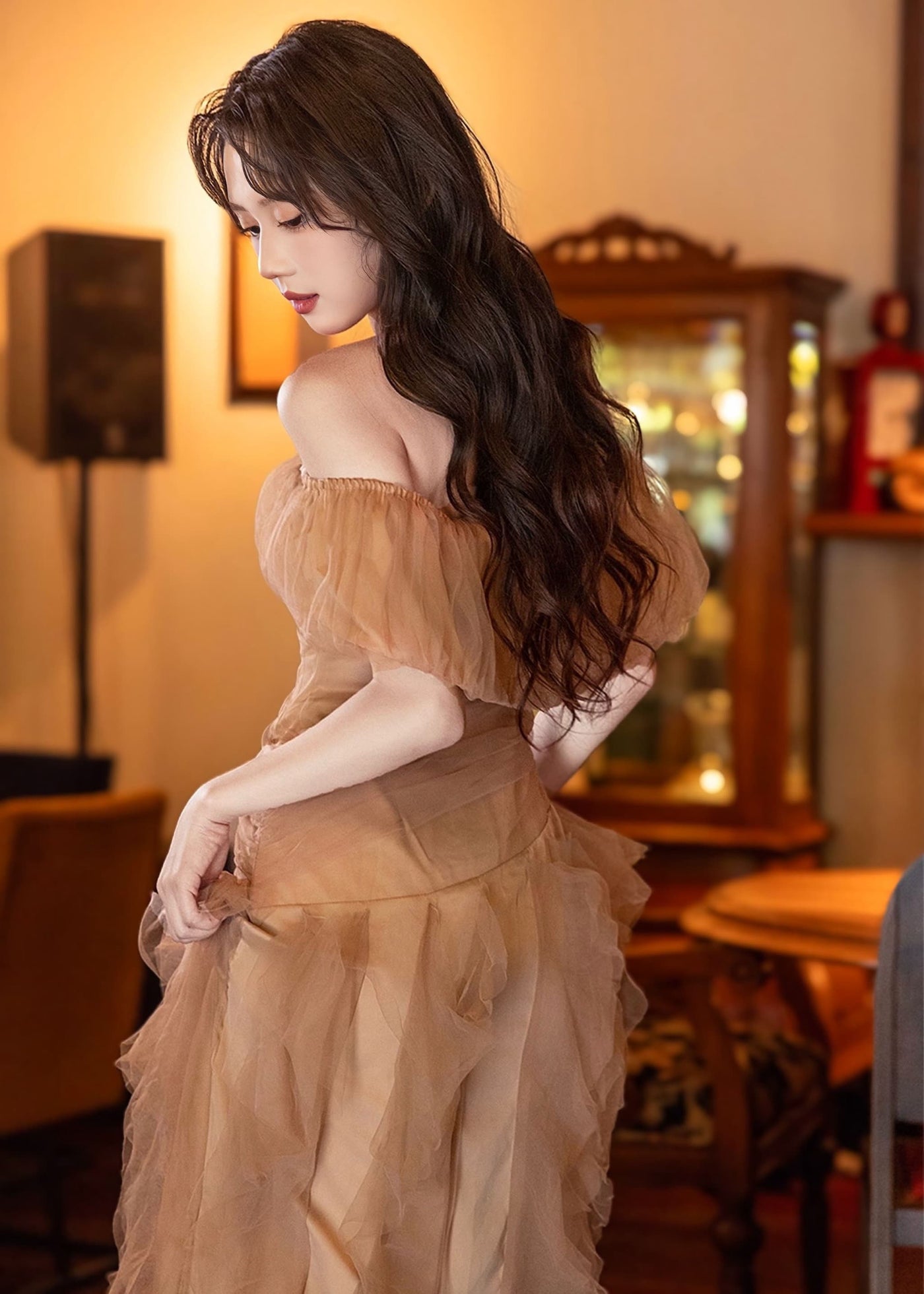 シアーフリルクチュールオフショルダ―ドレス