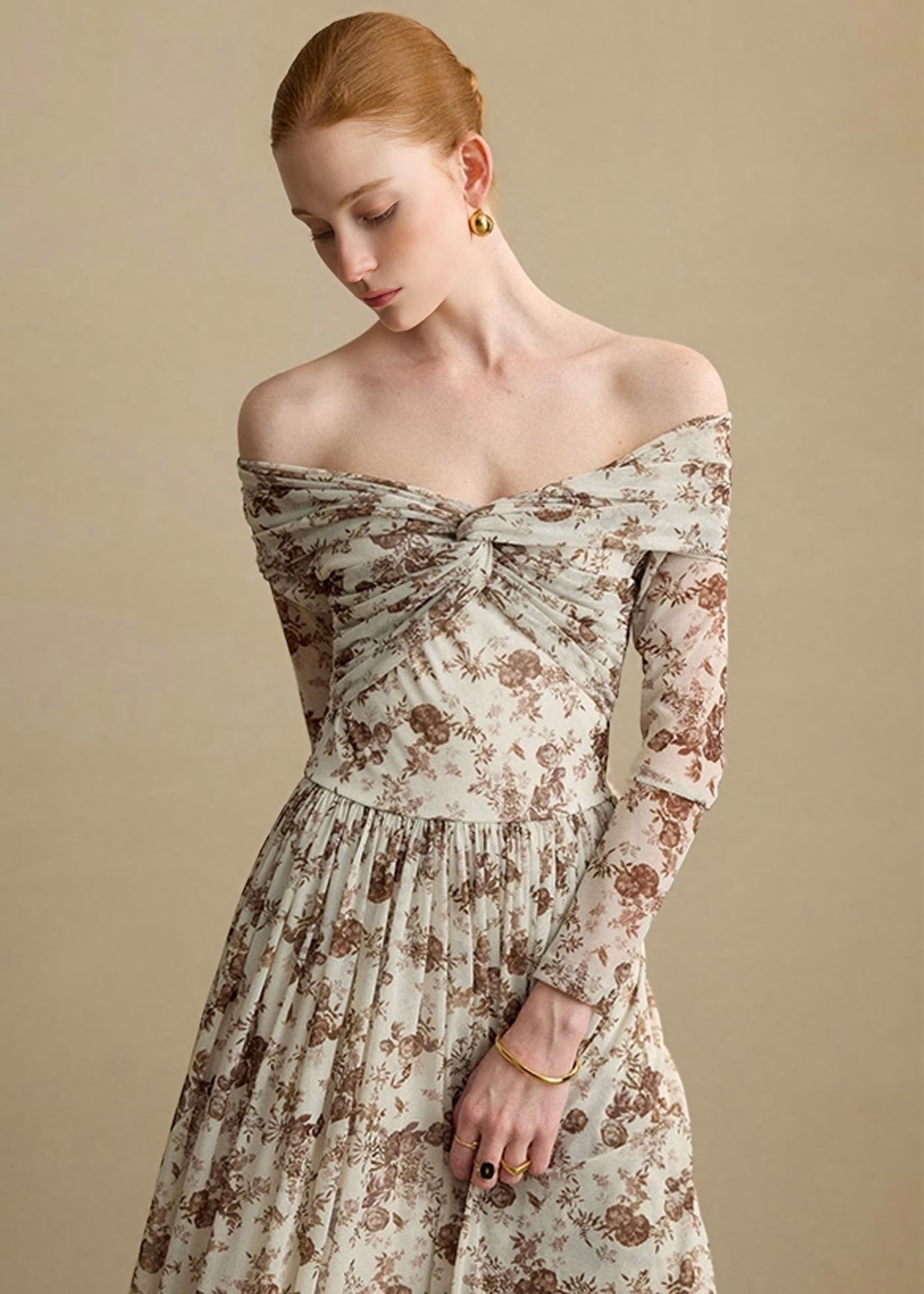 ヴィンテージフラワーオフショルダーロングワンピース