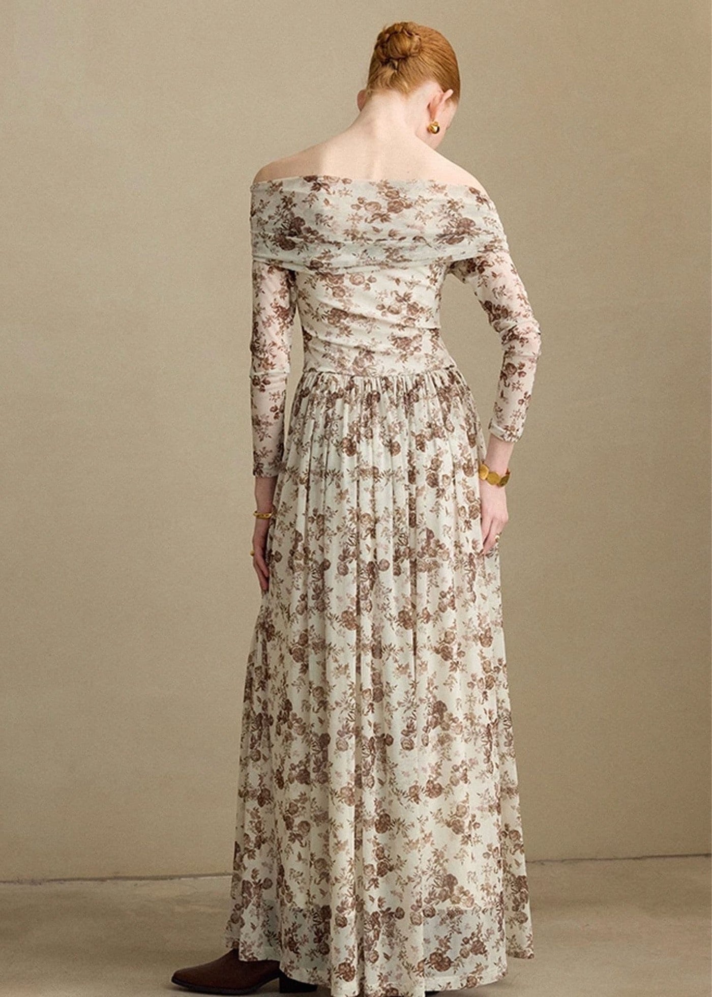 ヴィンテージフラワーオフショルダーロングワンピース