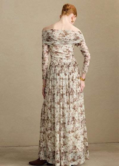 ヴィンテージフラワーオフショルダーロングワンピース