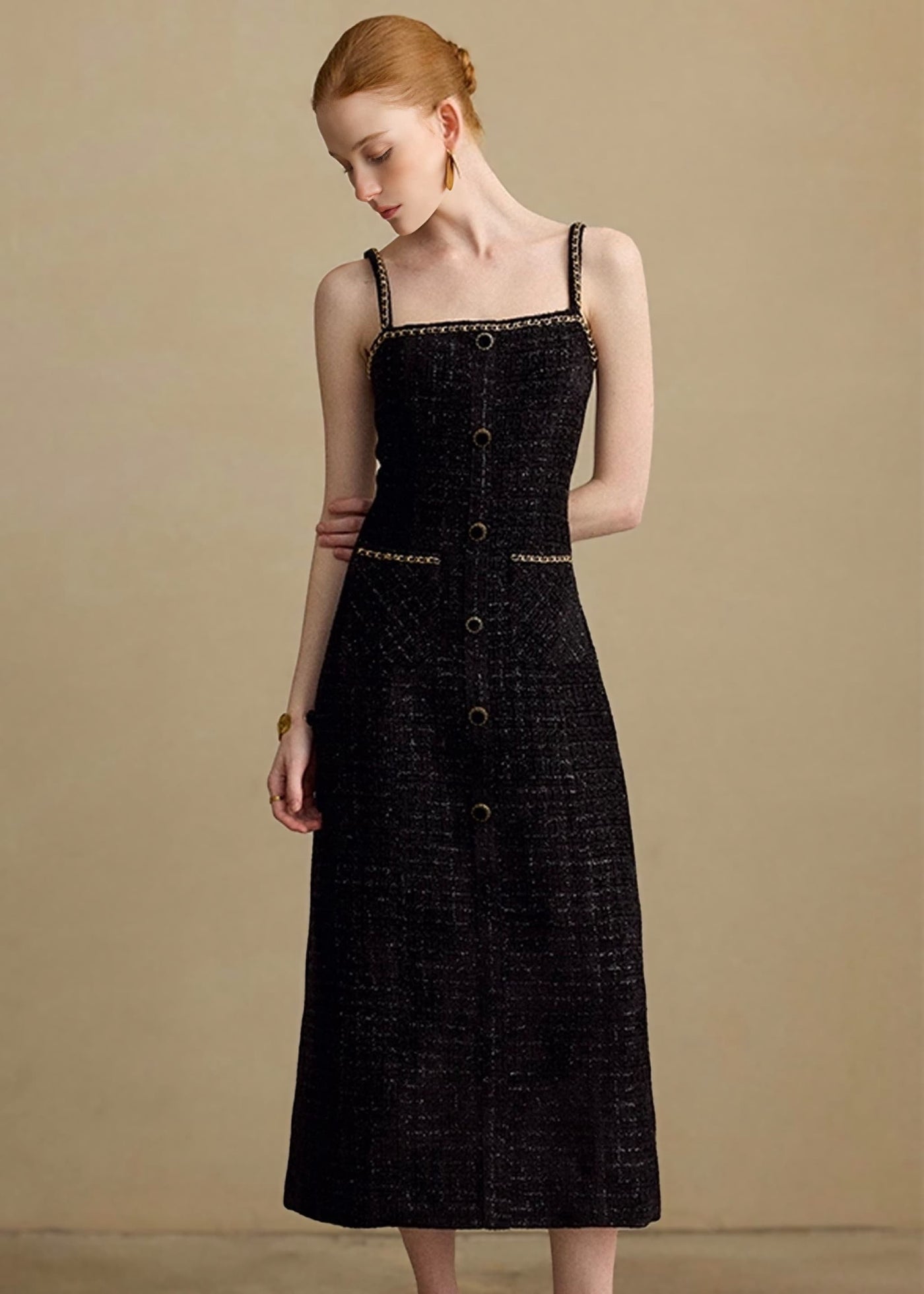 チェーンステッチツイードキャミロングワンピース