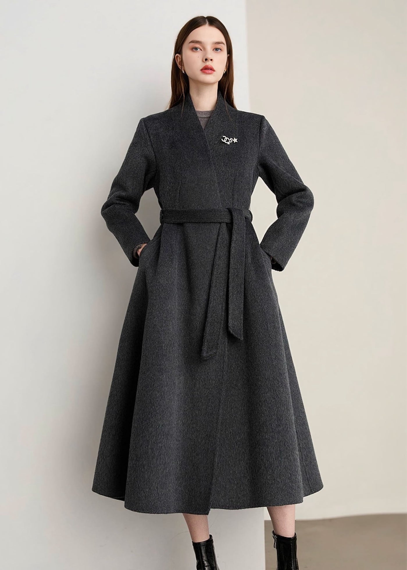 Aラインフレアノーカラーウールロングコート