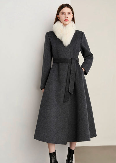 Aラインフレアノーカラーウールロングコート