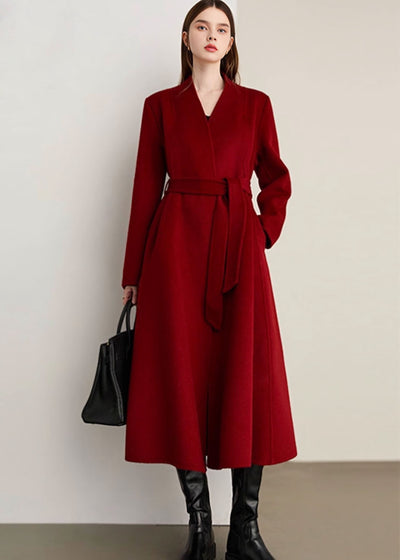 Aラインフレアノーカラーウールロングコート