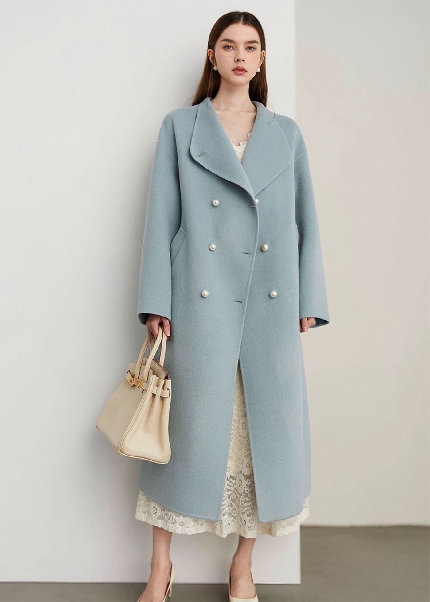 パールボタンロングウールコート