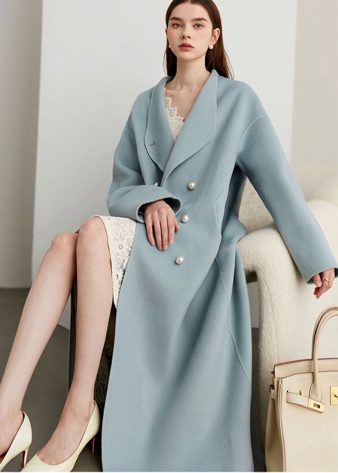 パールボタンロングウールコート