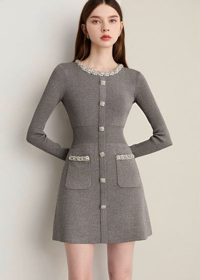 ビジューネックリブニットミニワンピース