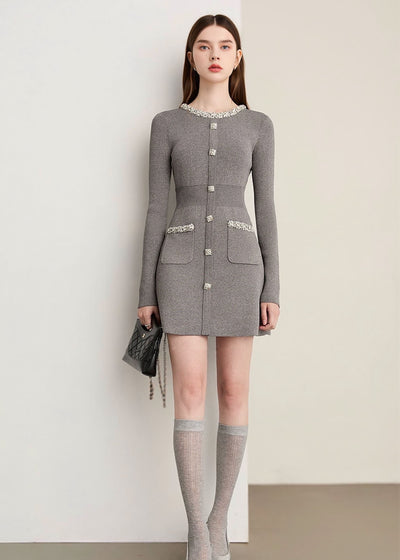 ビジューネックリブニットミニワンピース