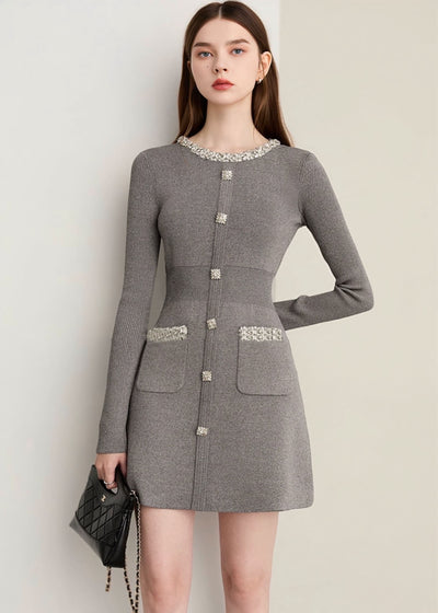 ビジューネックリブニットミニワンピース
