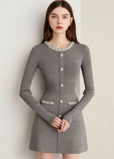 ビジューネックリブニットミニワンピース