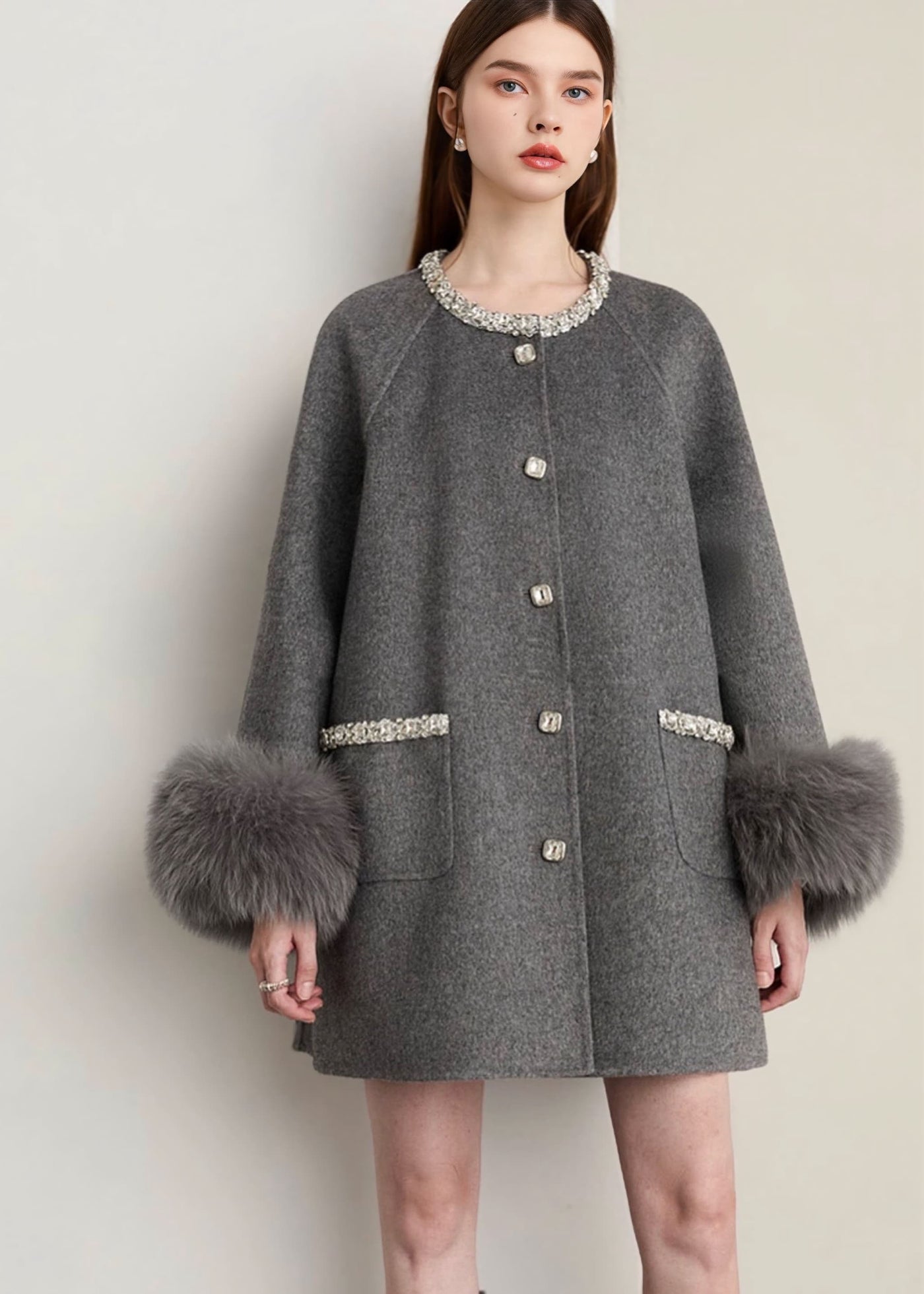 ビジューネックウールフレアラインコート