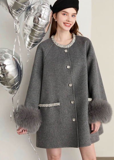 ビジューネックウールフレアラインコート