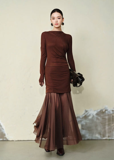 プリーツシアードッキングロングドレス