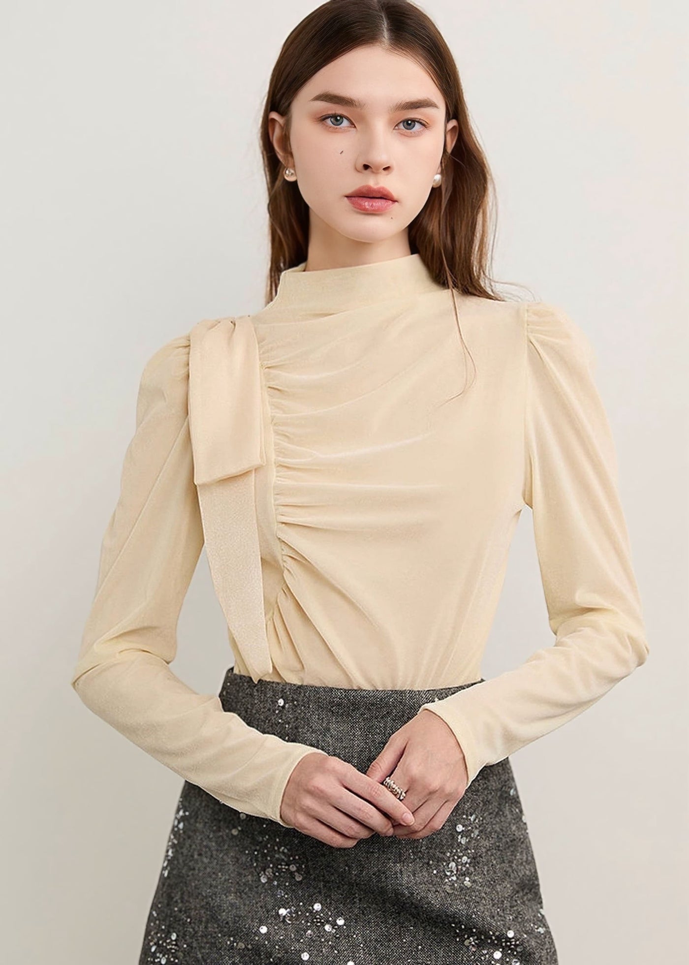 ギャザードレープリボントップス