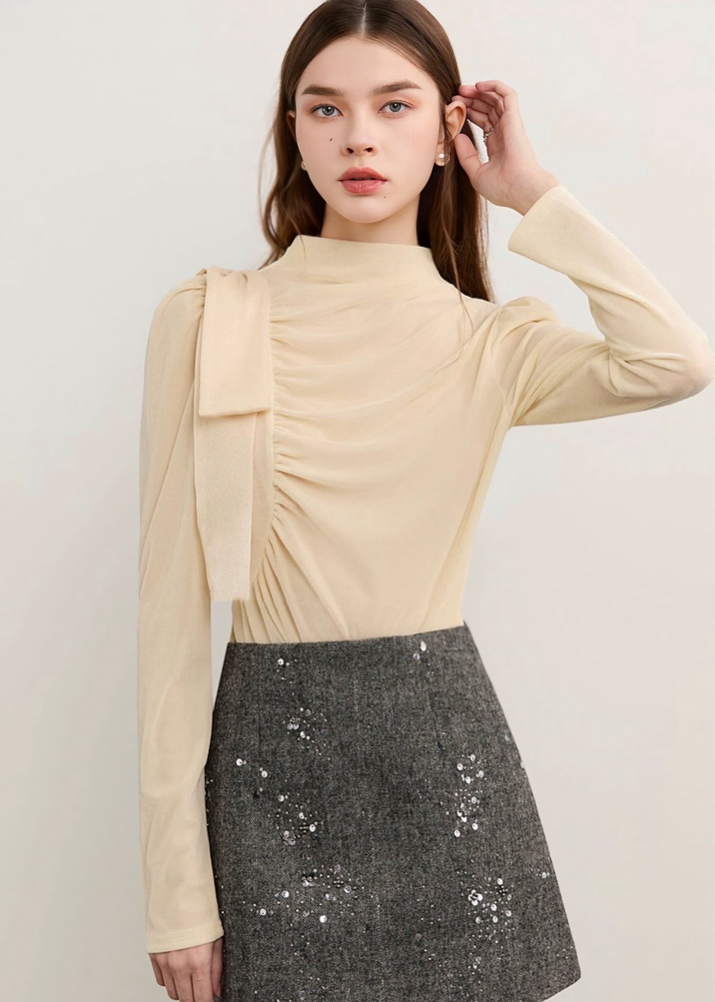 ギャザードレープリボントップス