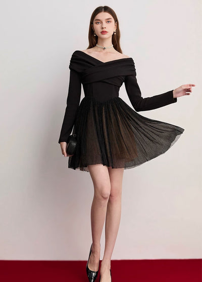 オフショルダーベロアシフォンドッキングドレス