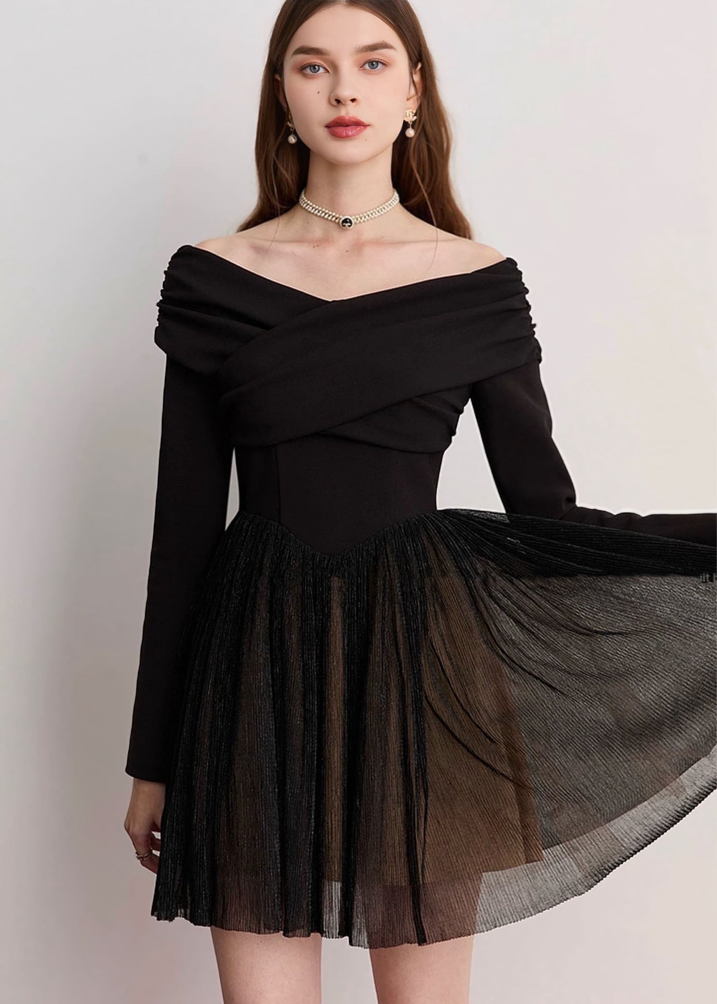 オフショルダーベロアシフォンドッキングドレス