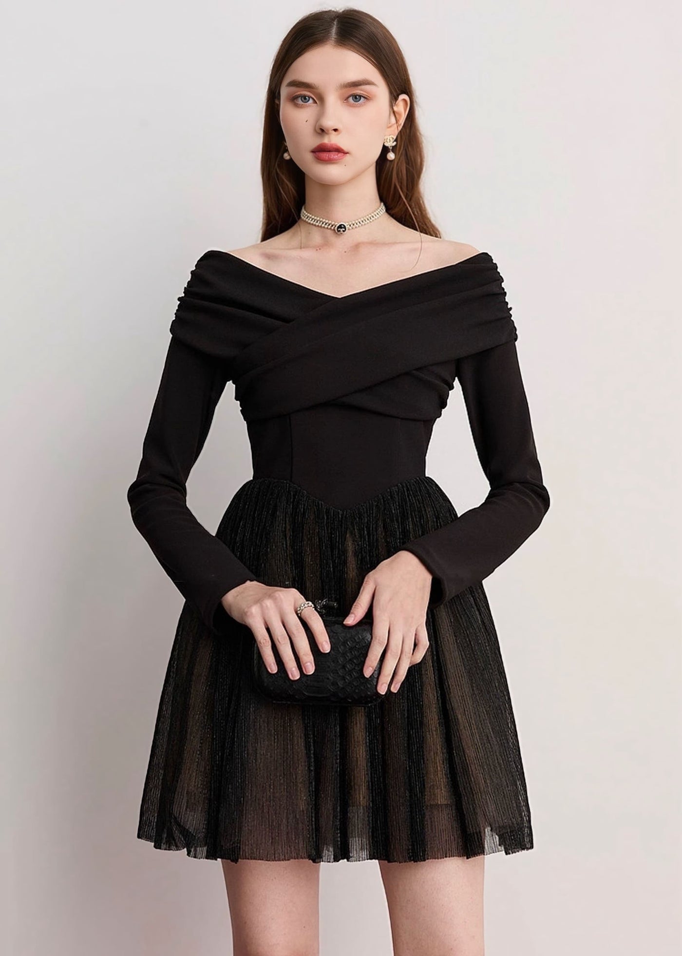 オフショルダーベロアシフォンドッキングドレス