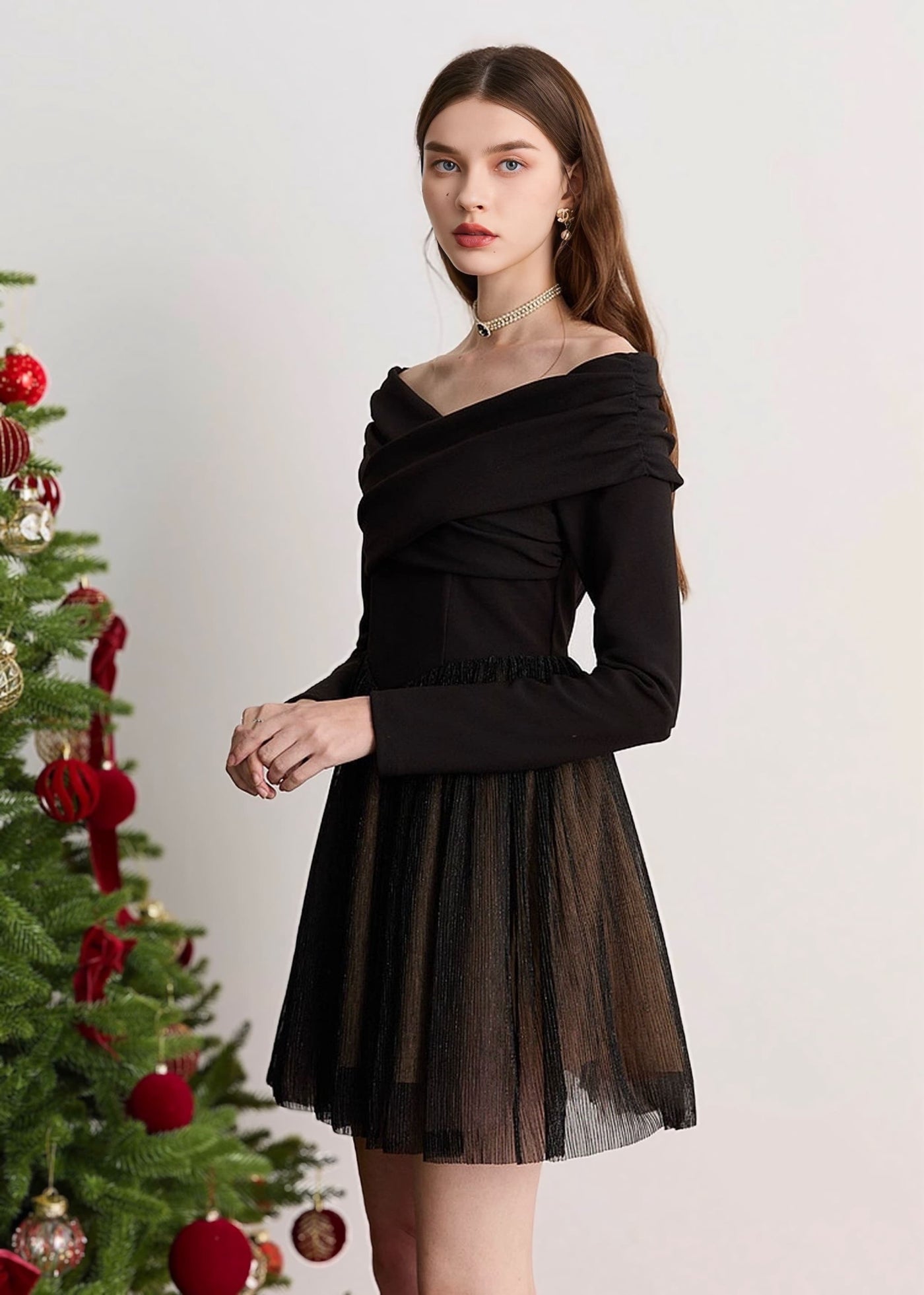 オフショルダーベロアシフォンドッキングドレス