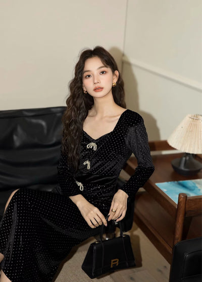 ビジューリボンベルベットドレス