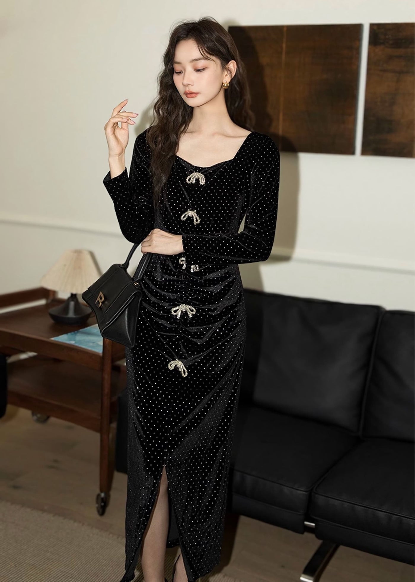 ビジューリボンベルベットドレス