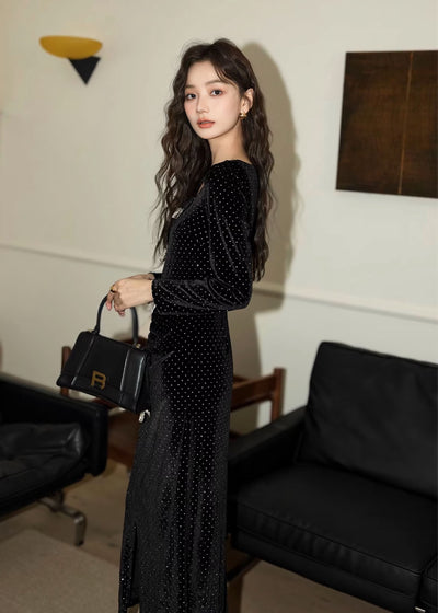 ビジューリボンベルベットドレス