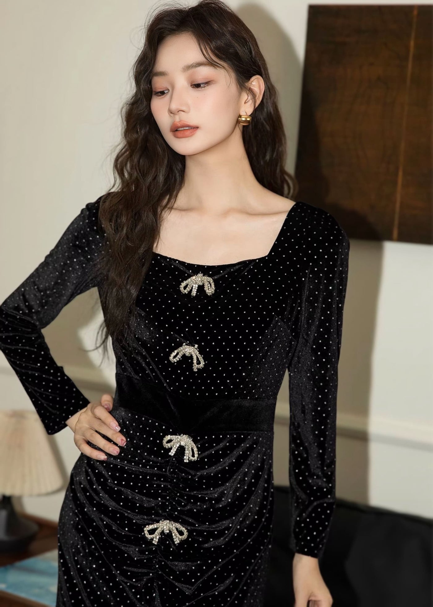 ビジューリボンベルベットドレス