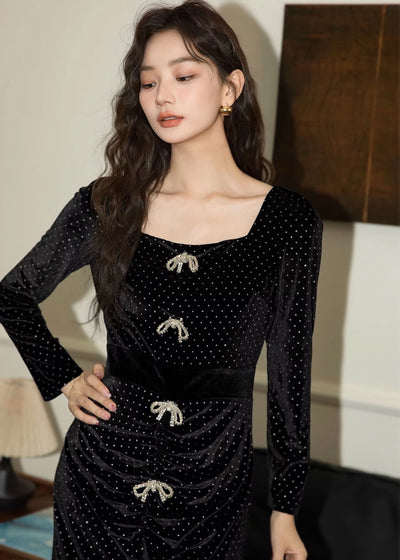 ビジューリボンベルベットドレス