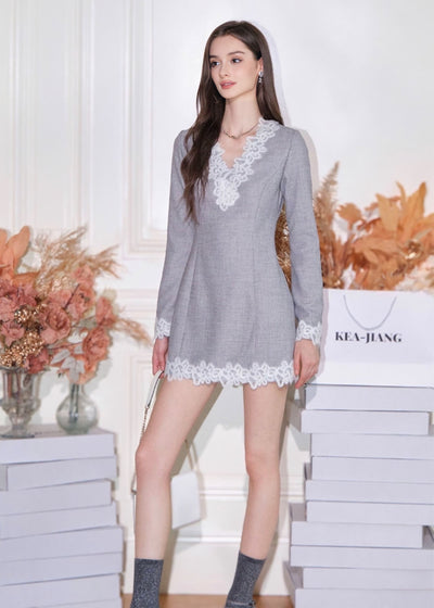 Vネックレースツイードミニドレス