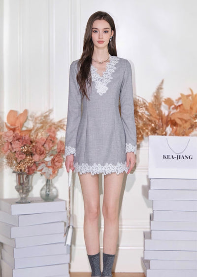 Vネックレースツイードミニドレス