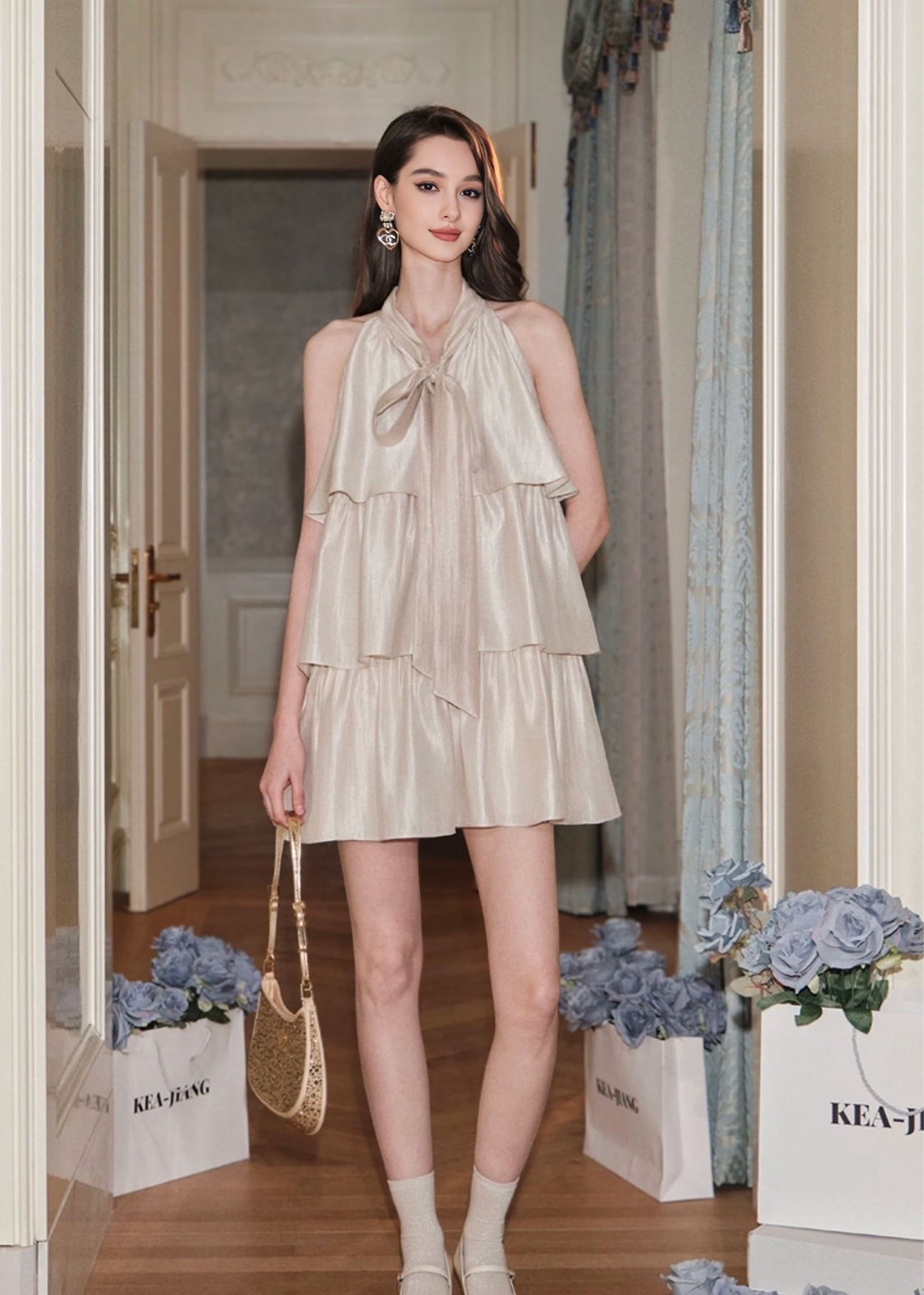 ボウタイリボンサテンティアードミニドレス