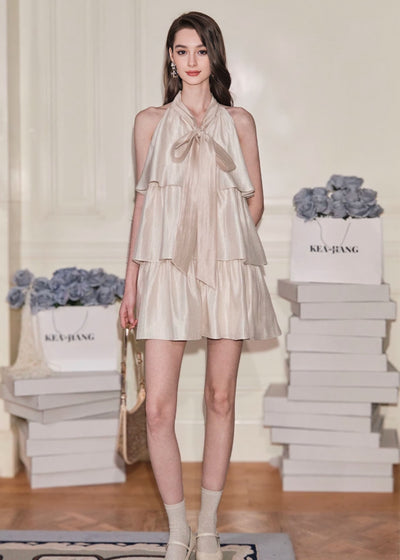 ボウタイリボンサテンティアードミニドレス