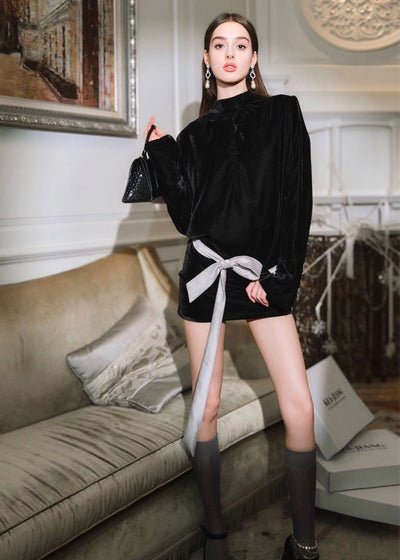 ベルベットハイネックリボンミニドレス