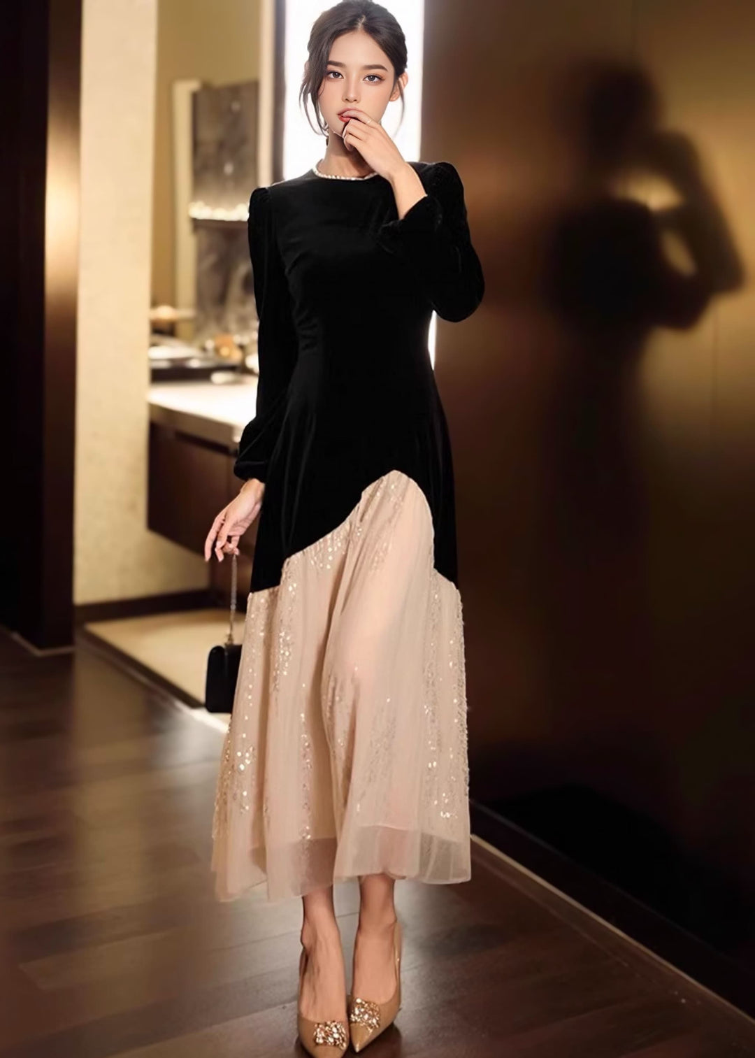 ELNIQUE】ベロア×シフォンドッキングワンピース – N FRAME